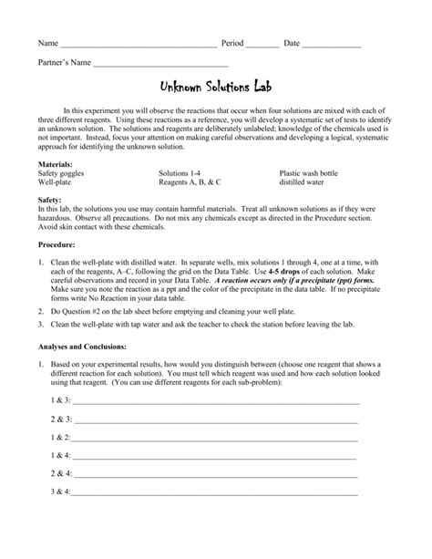 unknown solutions in chemistry lab